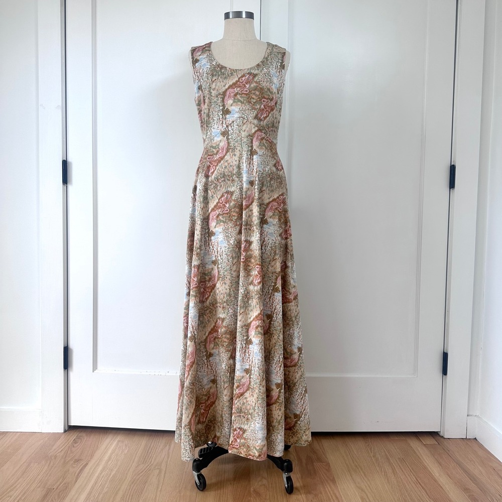 Vintage 70s Shellys Tall Girls Scenic Print Maxi Dress Pastoral Toile Sleeveless